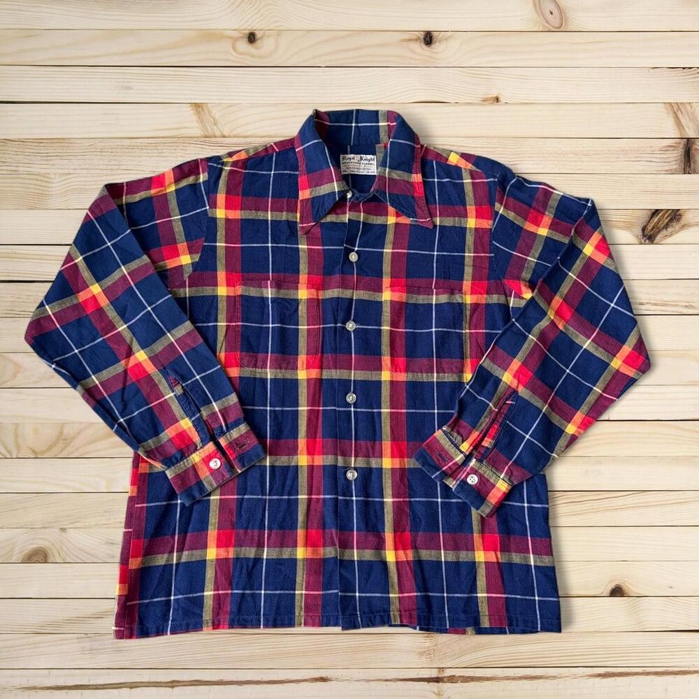 Vintage Royal Knight Plaid Flannel Shirt Made In USA Red Blue Plaid Workwear